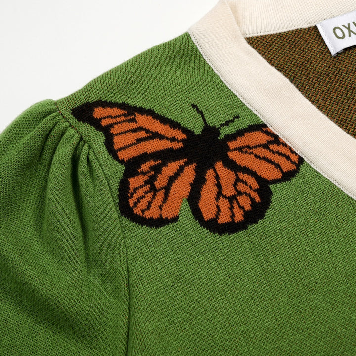 Cardigan en maille à manches courtes, style resort, vert avec papillon pour femme, à nouer devant