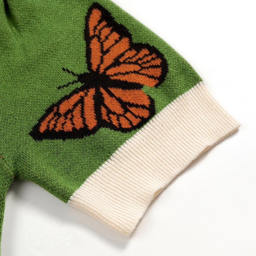 Cardigan en maille à manches courtes, style resort, vert avec papillon pour femme, à nouer devant