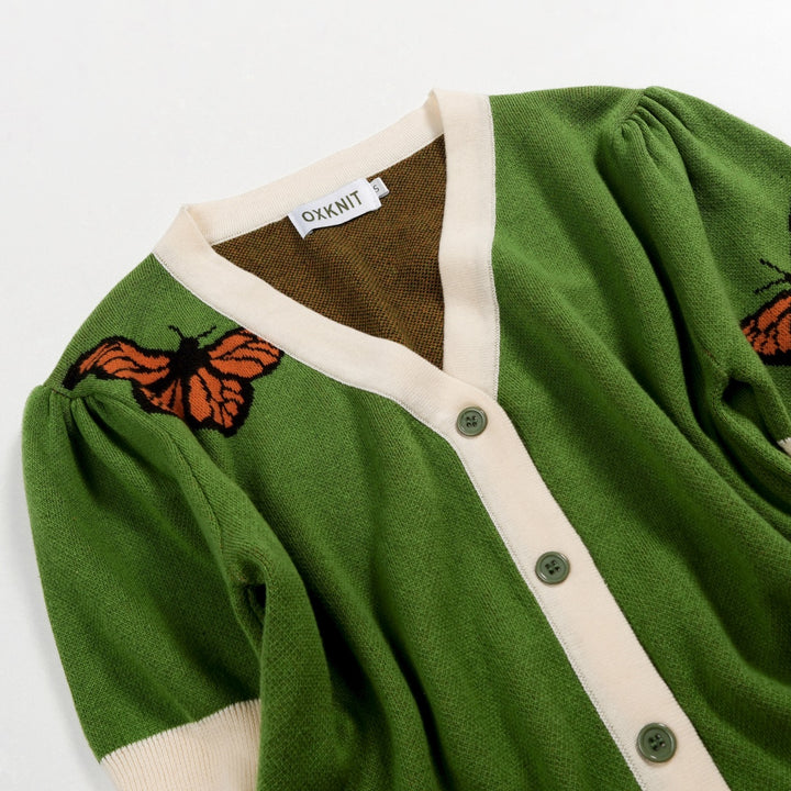 Cardigan en maille à manches courtes, style resort, vert avec papillon pour femme, à nouer devant