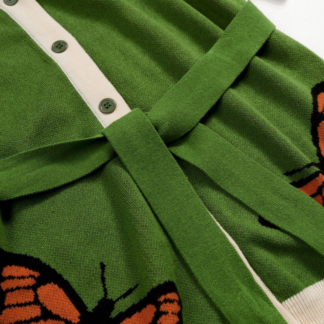 Cardigan en maille à manches courtes, style resort, vert avec papillon pour femme, à nouer devant