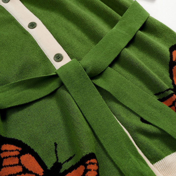 Cardigan en maille à manches courtes, style resort, vert avec papillon pour femme, à nouer devant