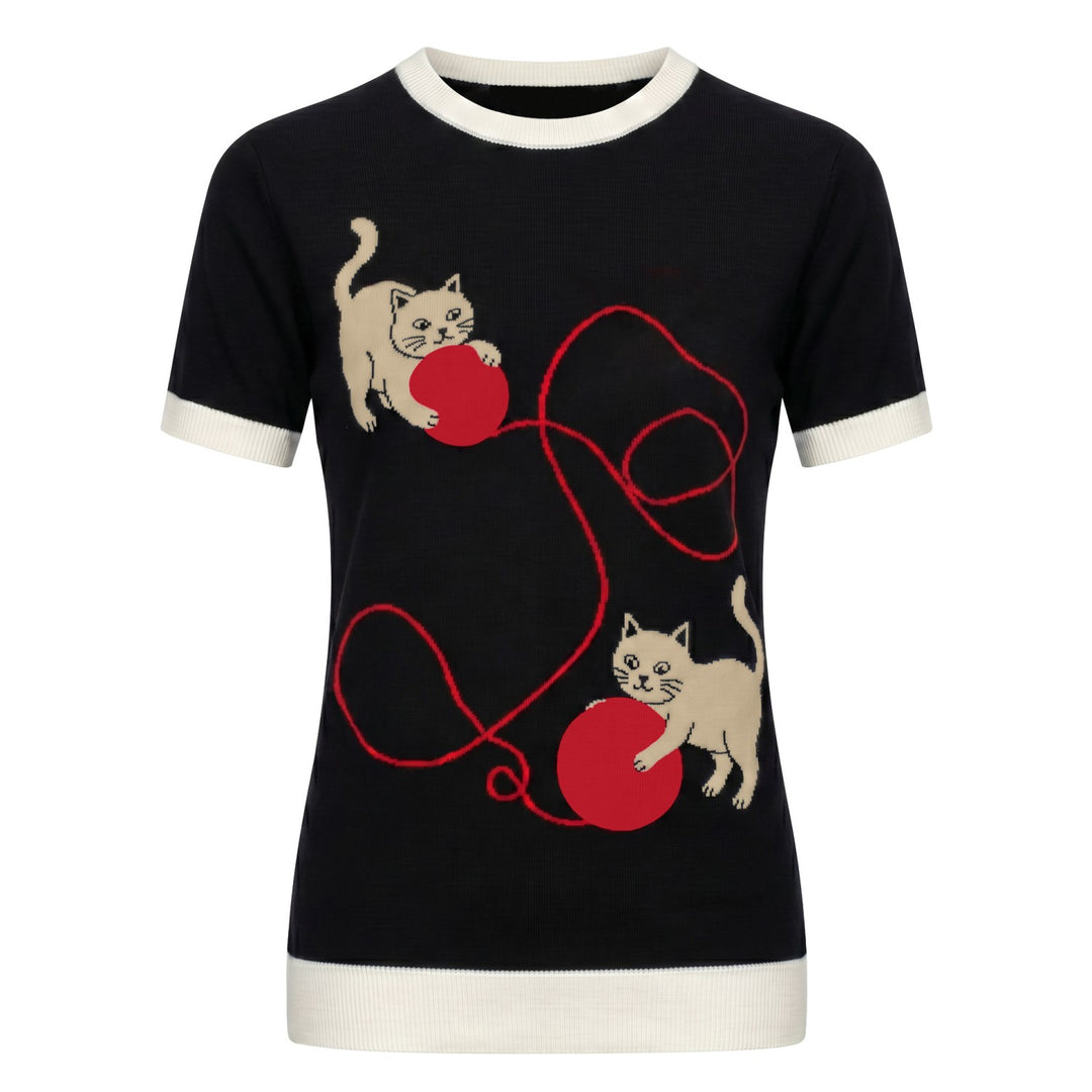 Braun gestreiftes Jacquard-Strick-T-Shirt für Damen