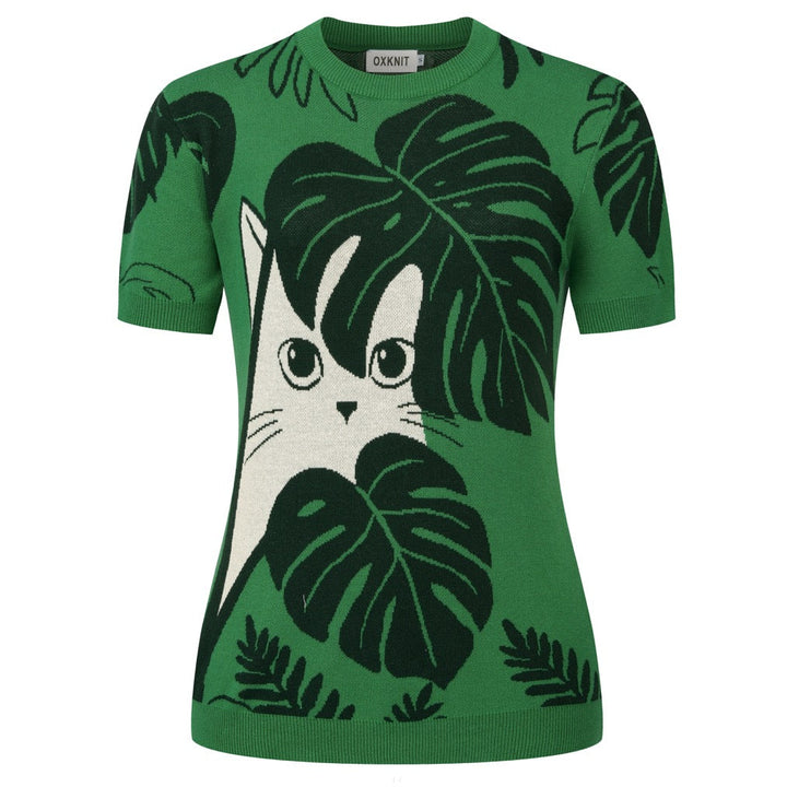 Camiseta de punto jacquard verde para mujer con ilustración tropical de gato y manga corta