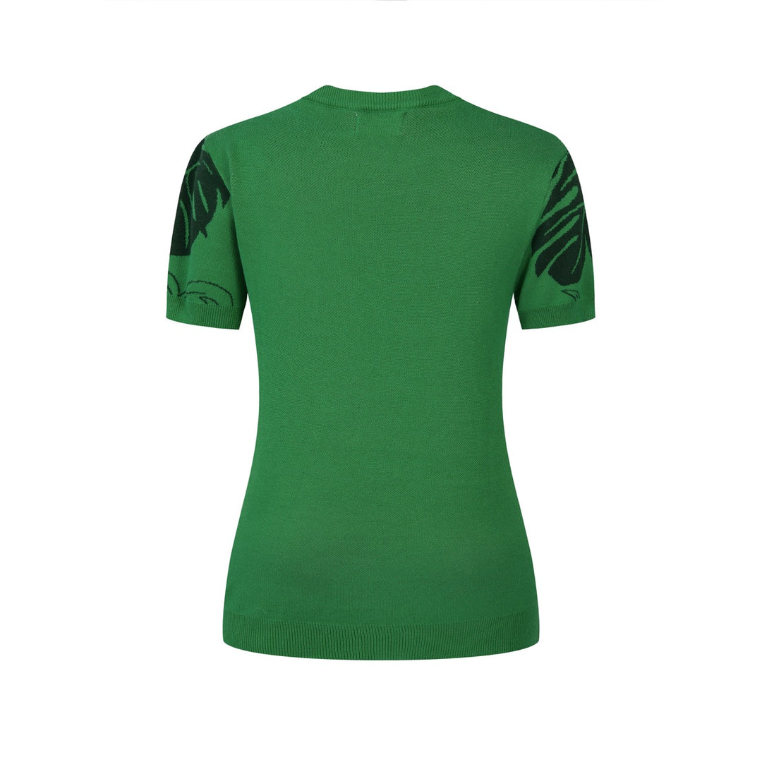 Camiseta de punto jacquard verde para mujer con ilustración tropical de gato y manga corta