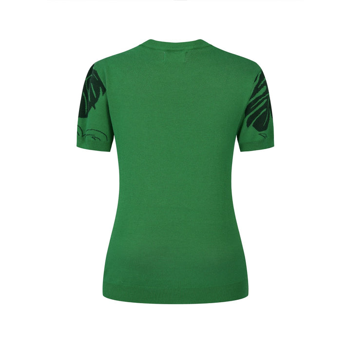 Camiseta de punto jacquard verde para mujer con ilustración tropical de gato y manga corta