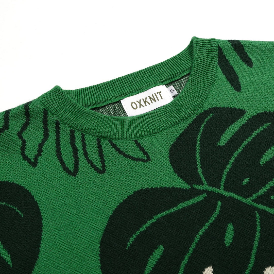 Camiseta de punto jacquard verde para mujer con ilustración tropical de gato y manga corta
