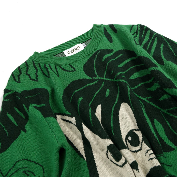 Camiseta de punto jacquard verde para mujer con ilustración tropical de gato y manga corta