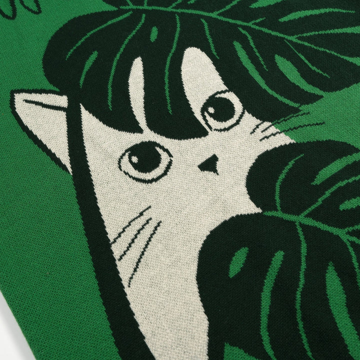 Camiseta de punto jacquard verde para mujer con ilustración tropical de gato y manga corta