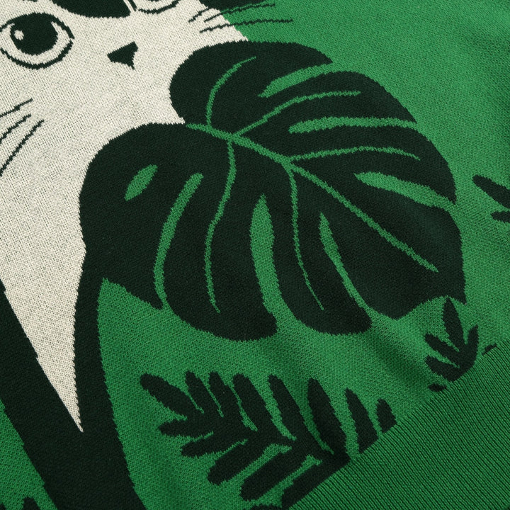 Camiseta de punto jacquard verde para mujer con ilustración tropical de gato y manga corta