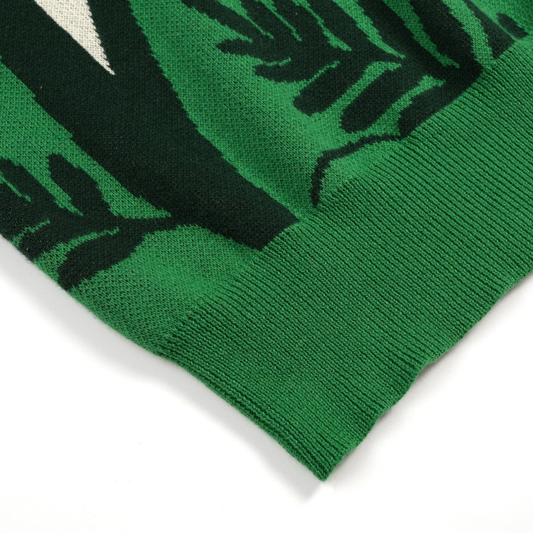Camiseta de punto jacquard verde para mujer con ilustración tropical de gato y manga corta