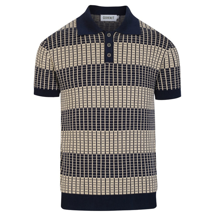 Men's Dark Blue Minimalist Artistic Vintage Jacquard Polo Knit Shirt