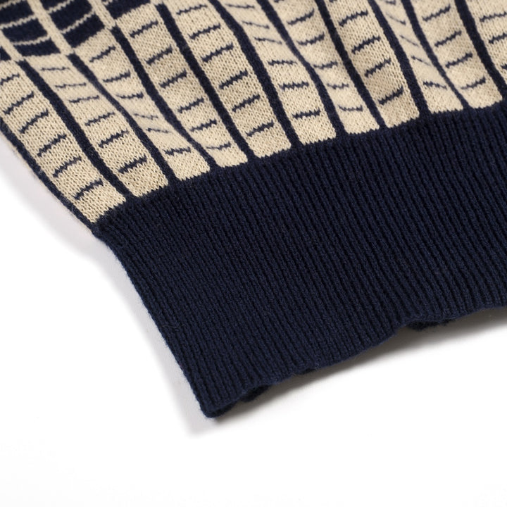 Men's Dark Blue Minimalist Artistic Vintage Jacquard Polo Knit Shirt