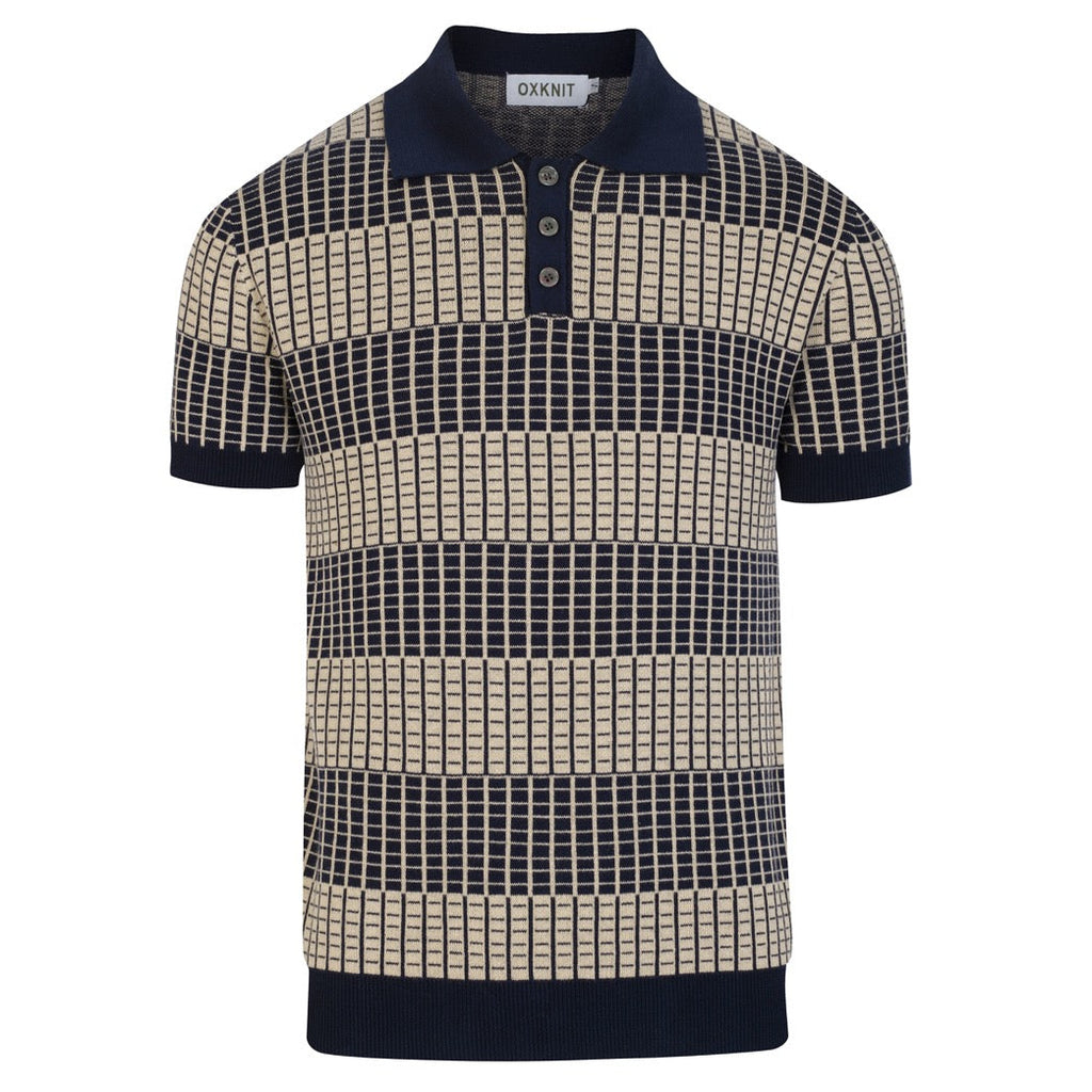 Men's Dark Blue Minimalist Artistic Vintage Jacquard Polo Knit