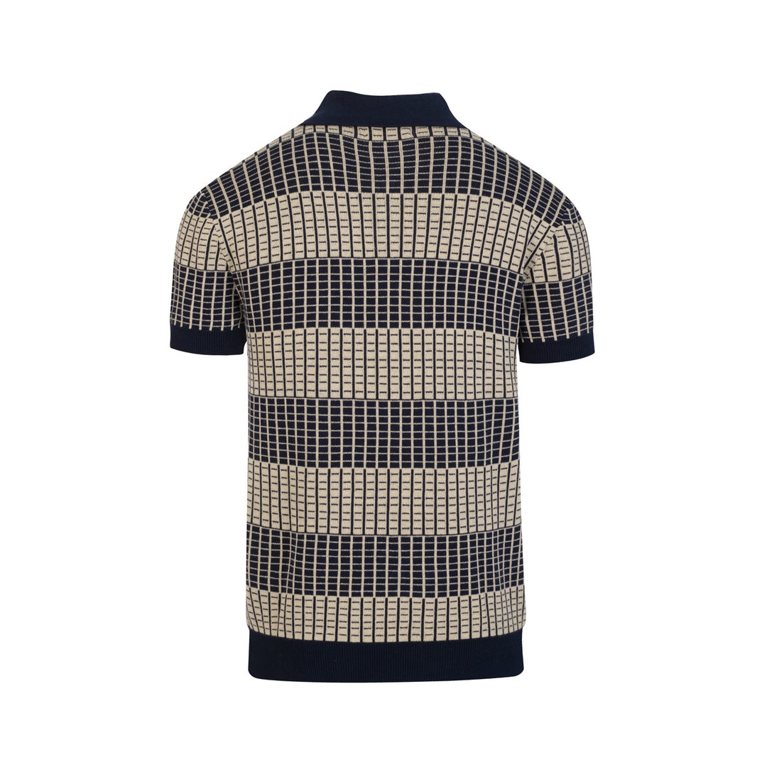 Men's Dark Blue Minimalist Artistic Vintage Jacquard Polo Knit Shirt