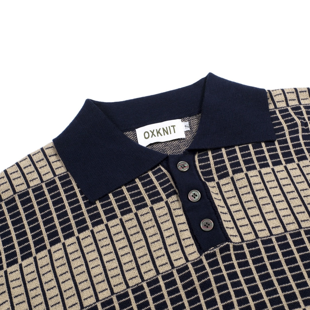 Men's Dark Blue Minimalist Artistic Vintage Jacquard Polo Knit Shirt
