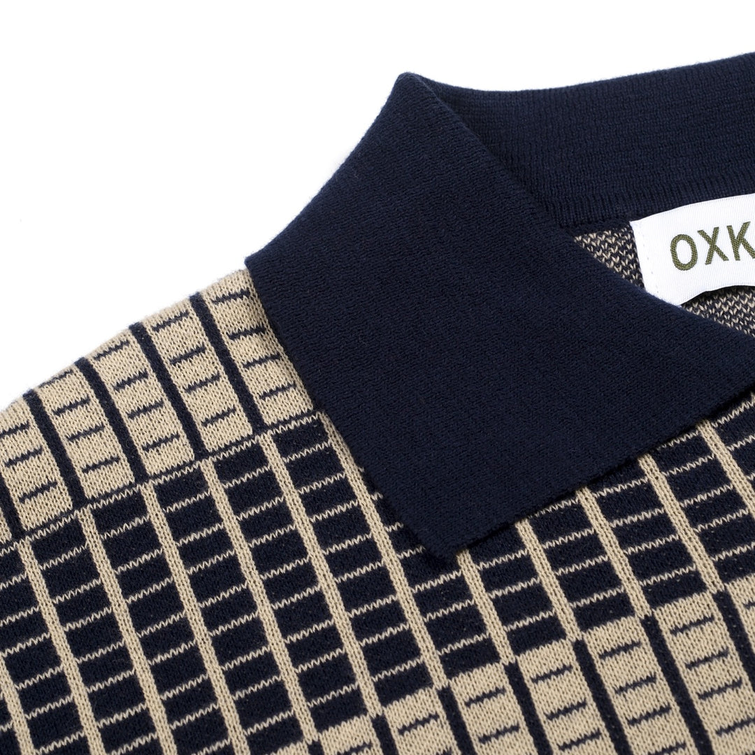 Men's Dark Blue Minimalist Artistic Vintage Jacquard Polo Knit Shirt