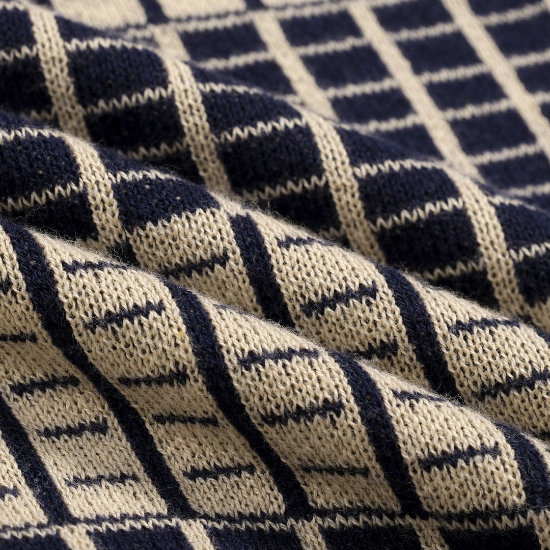 Men's Dark Blue Minimalist Artistic Vintage Jacquard Polo Knit Shirt
