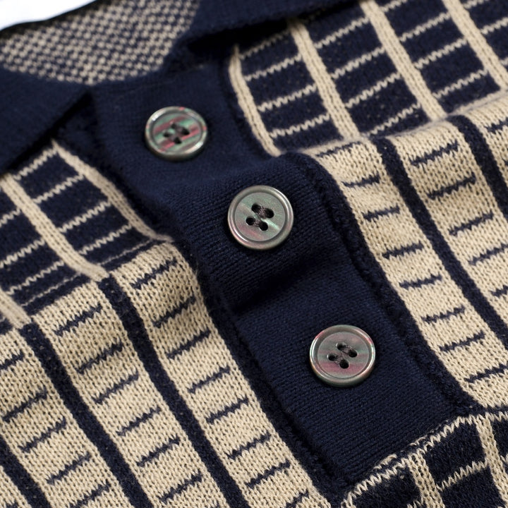 Men's Dark Blue Minimalist Artistic Vintage Jacquard Polo Knit Shirt