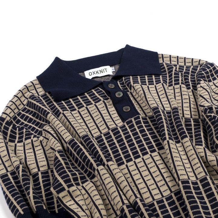 Men's Dark Blue Minimalist Artistic Vintage Jacquard Polo Knit Shirt