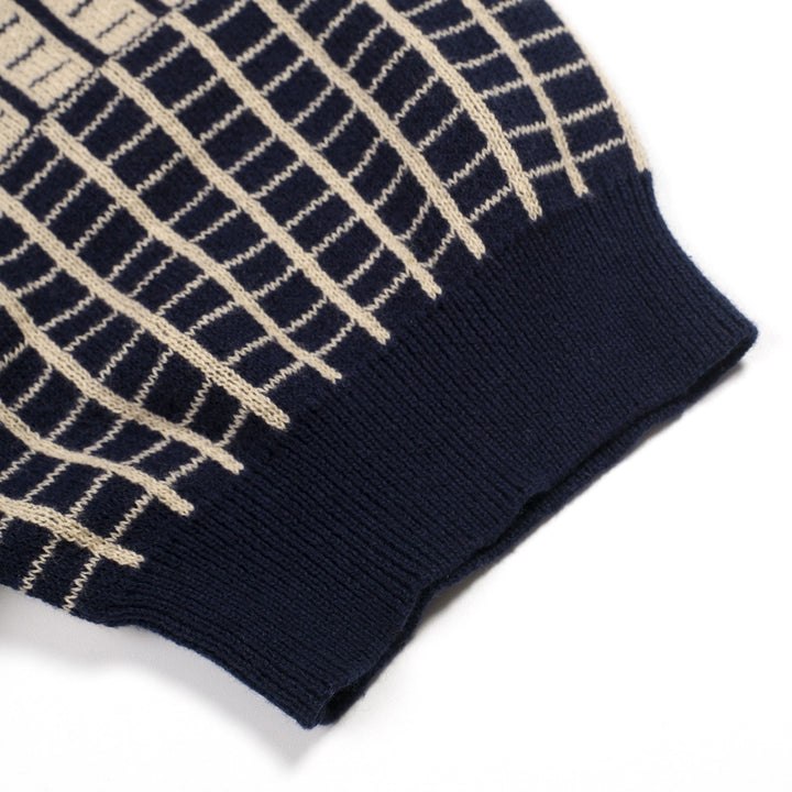 Men's Dark Blue Minimalist Artistic Vintage Jacquard Polo Knit Shirt