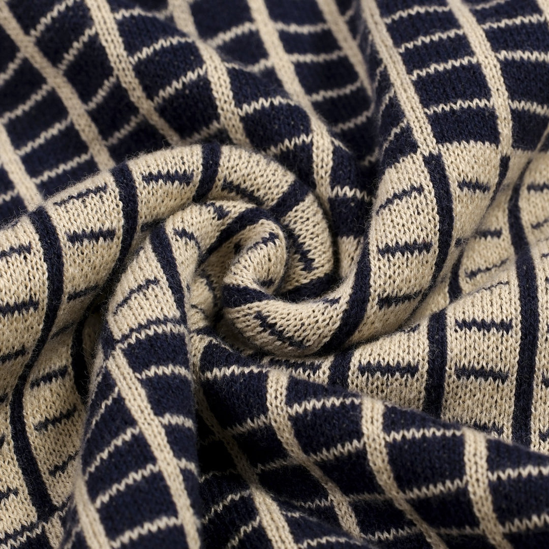 Men's Dark Blue Minimalist Artistic Vintage Jacquard Polo Knit Shirt