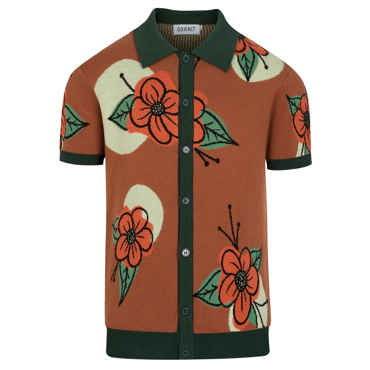 Herrbrun vintage blommig jacquardstickad kofta - Designad av Tala Hunt