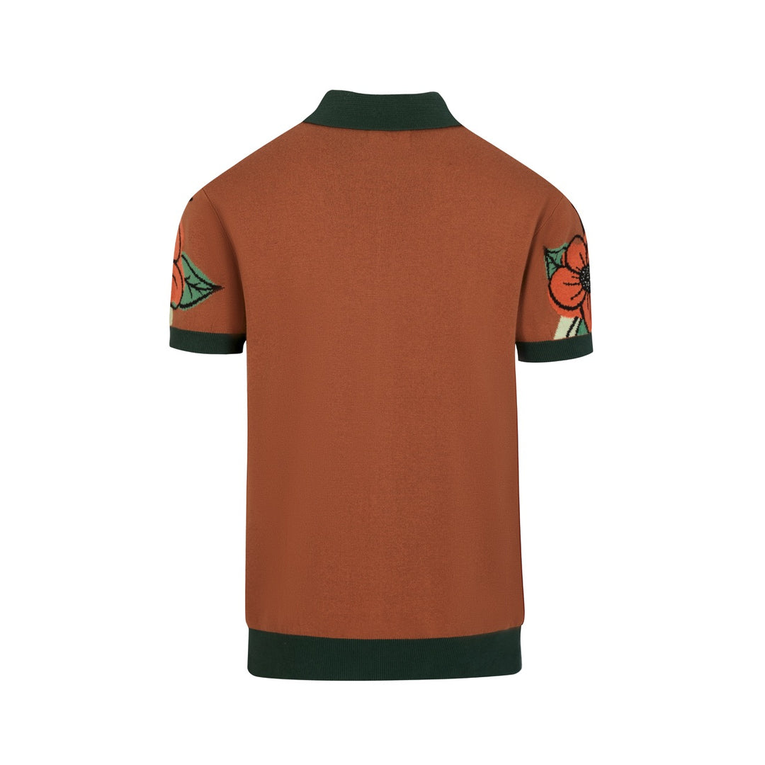 Herrbrun vintage blommig jacquardstickad kofta - Designad av Tala Hunt