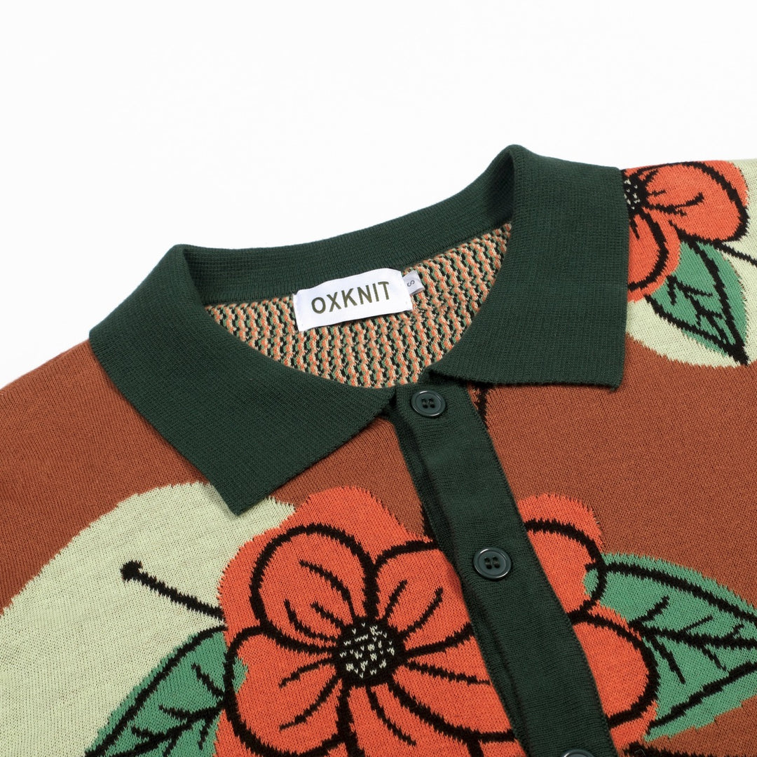 Herrbrun vintage blommig jacquardstickad kofta - Designad av Tala Hunt