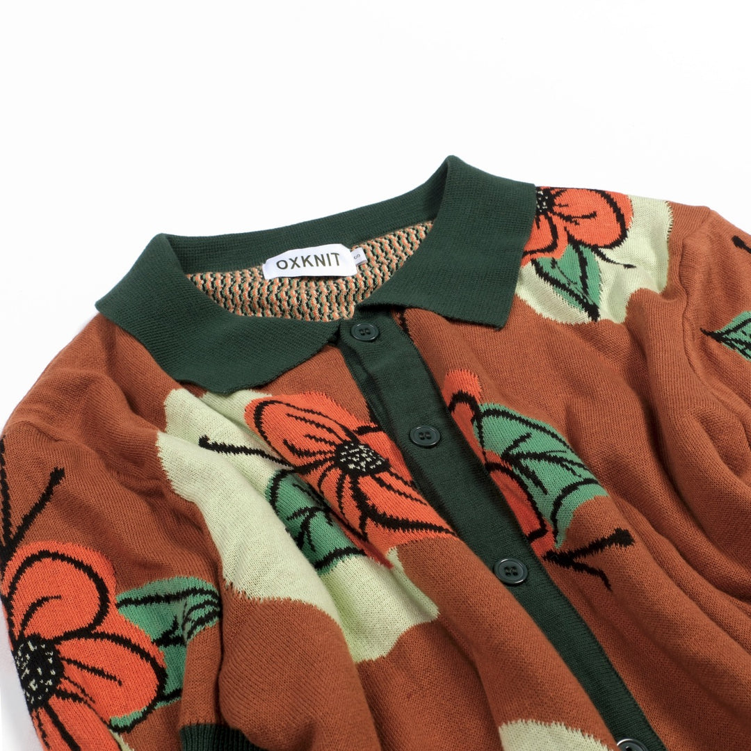 Herrbrun vintage blommig jacquardstickad kofta - Designad av Tala Hunt
