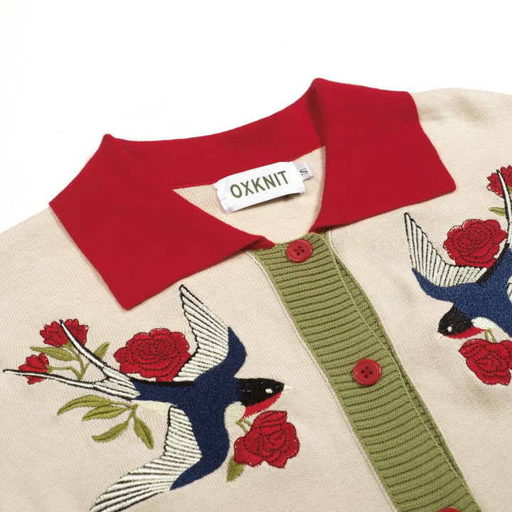 Women's Apricot Classic Bird Embroidery Knitted Polo Cardigan T-shirt