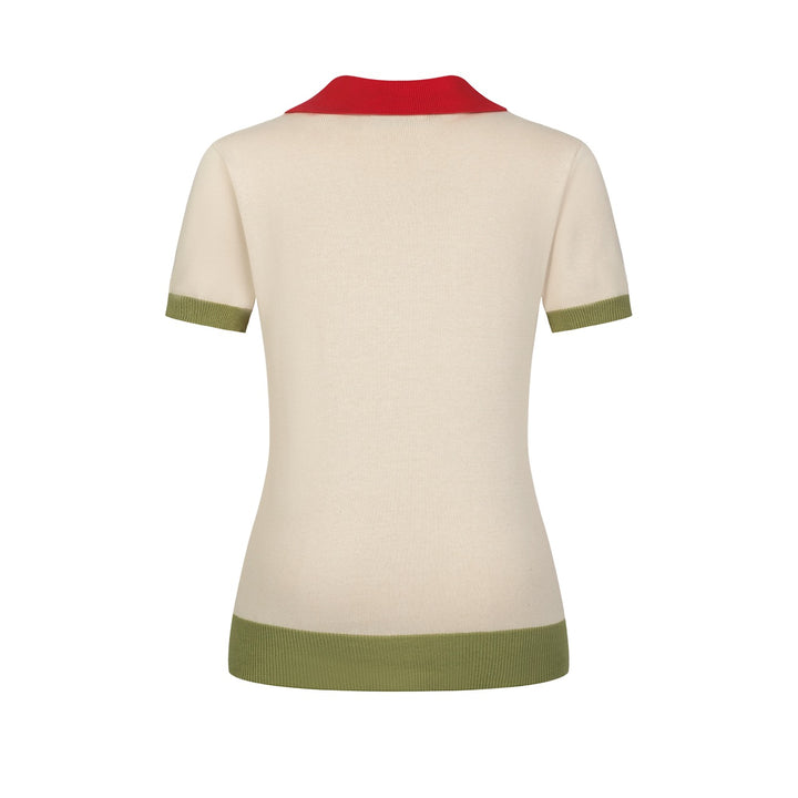 Women's Apricot Classic Bird Embroidery Knitted Polo Cardigan T-shirt