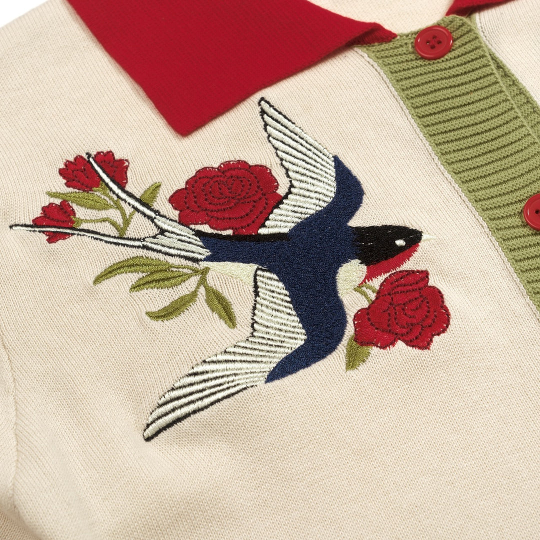 Women's Apricot Classic Bird Embroidery Knitted Polo Cardigan T-shirt