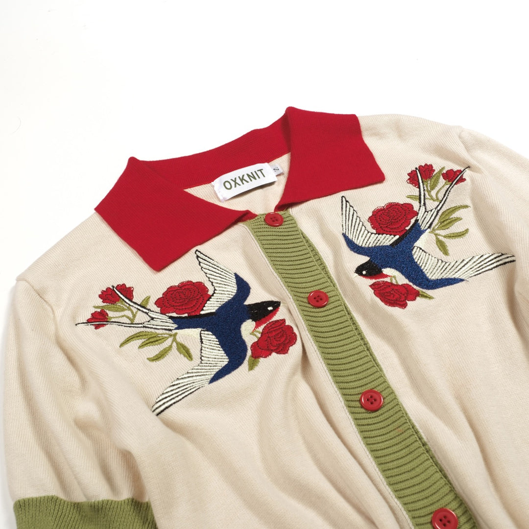 Women's Apricot Classic Bird Embroidery Knitted Polo Cardigan T-shirt