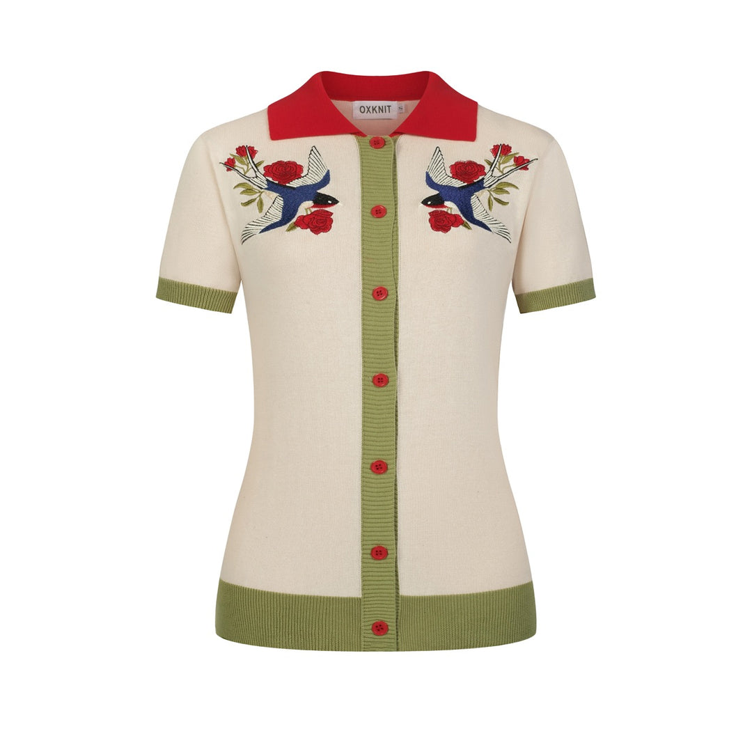 Women's Apricot Classic Bird Embroidery Knitted Polo Cardigan T-shirt