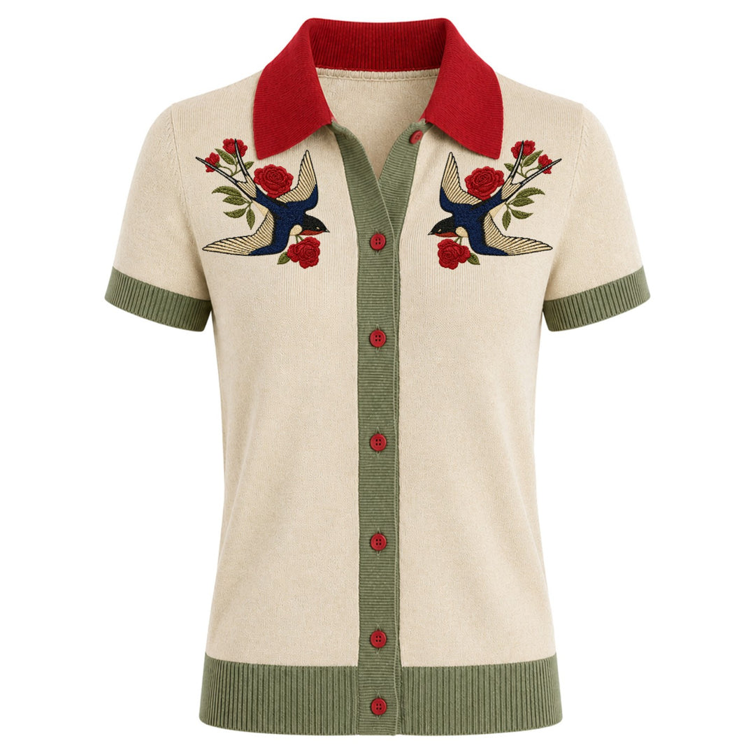 Women's Apricot Classic Bird Embroidery Knitted Polo Cardigan T-shirt