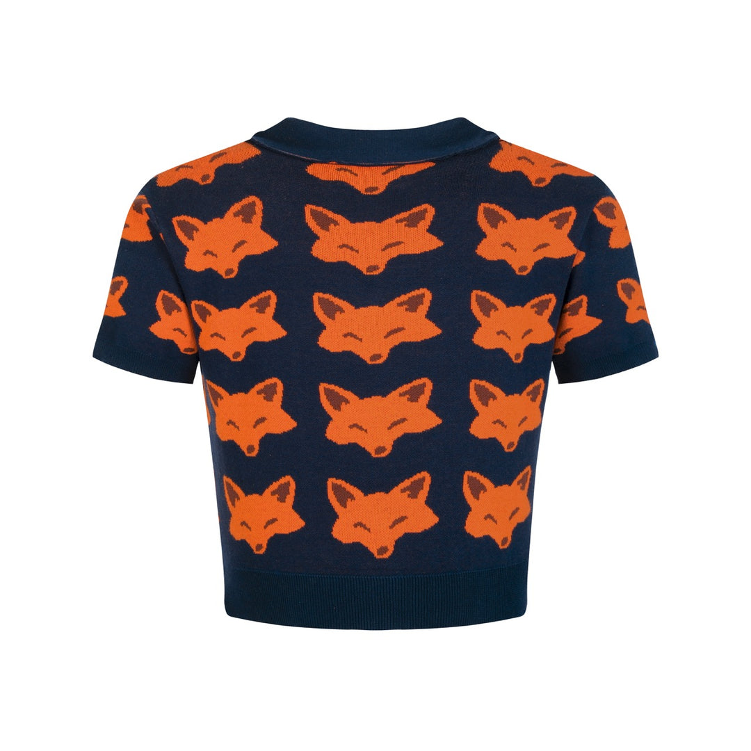 Women's classic navy blue fox knit T-shirt - Cropped Length