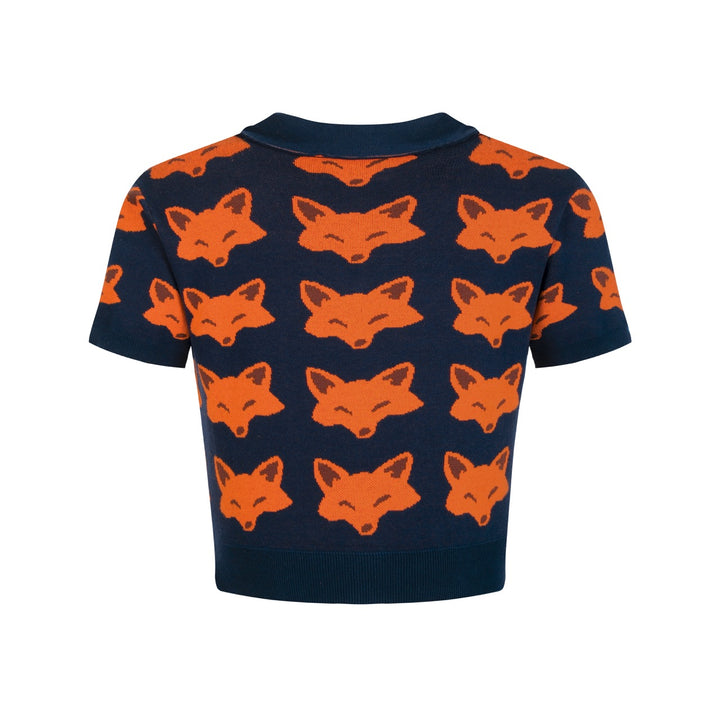 Women's classic navy blue fox knit T-shirt - Cropped Length