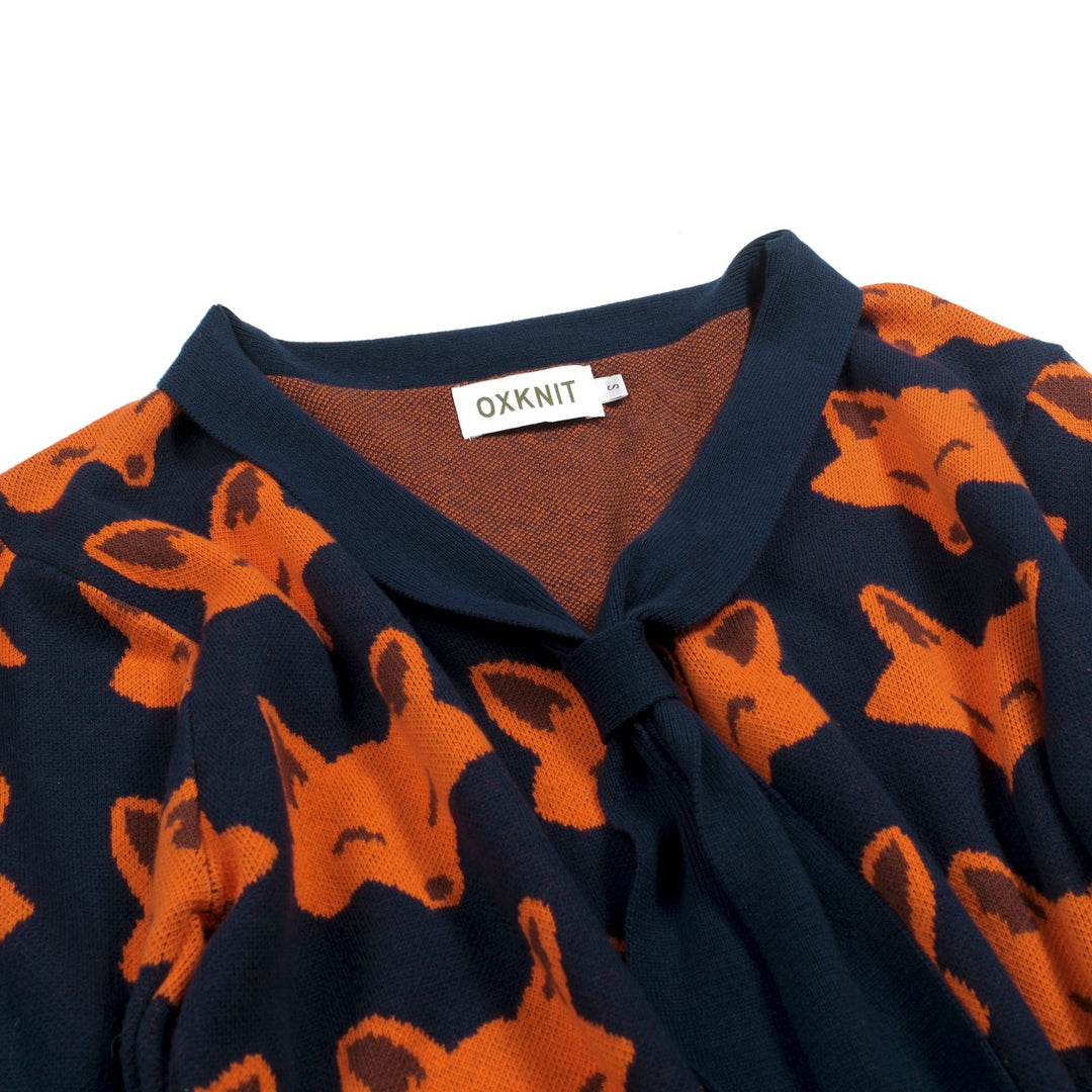 Women's classic navy blue fox knit T-shirt - Cropped Length