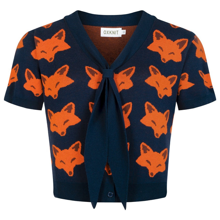 Women's classic navy blue fox knit T-shirt - Cropped Length