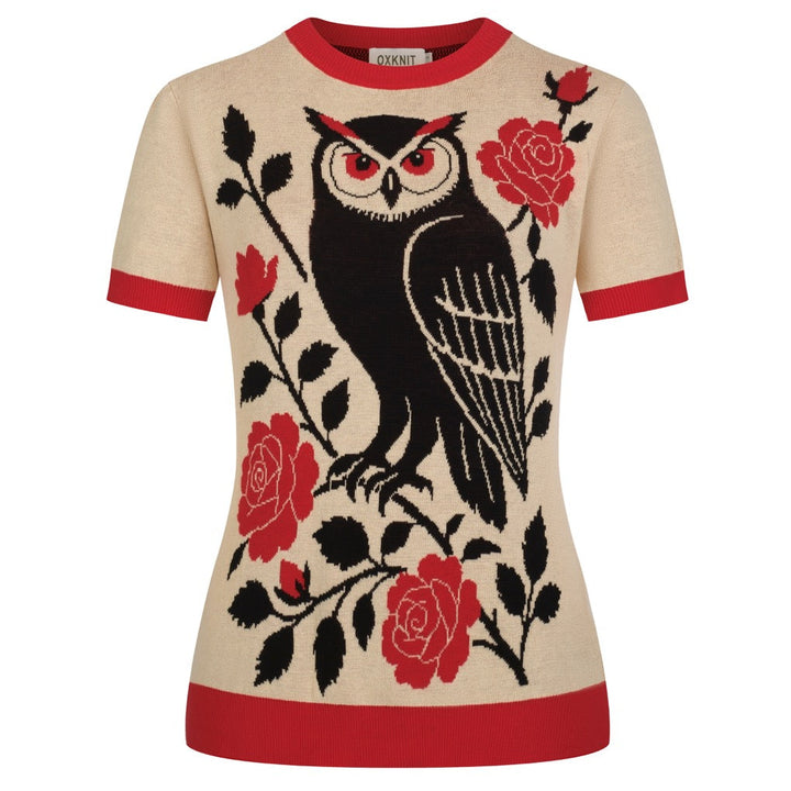 Women's Apricot Floral Owl Classic Jacquard Knit T-Shirt