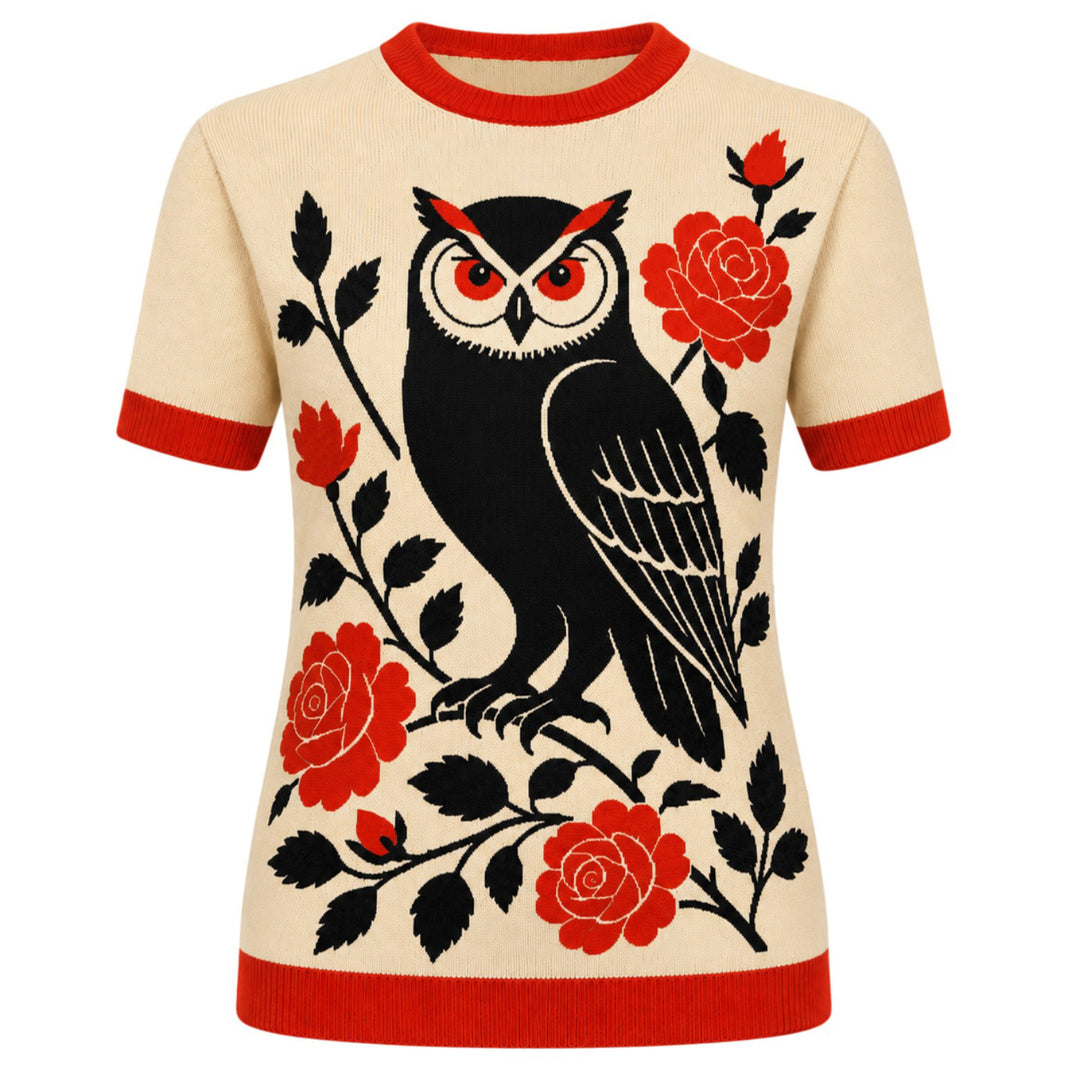 T-shirt feminina em malha jacquard às riscas castanhas