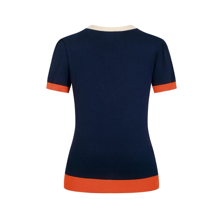 T-shirt en maille jacquard bleu foncé vintage pour femme avec broderie de chat