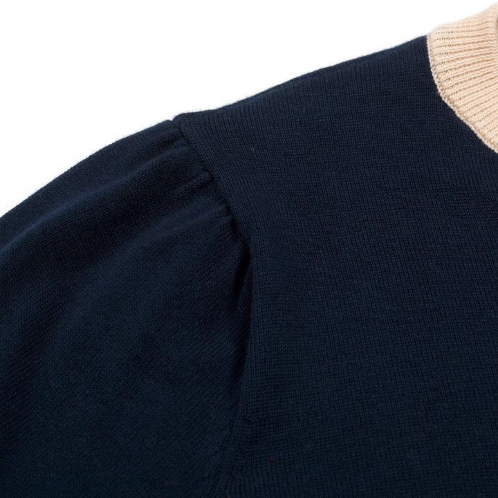 T-shirt en maille jacquard bleu foncé vintage pour femme avec broderie de chat