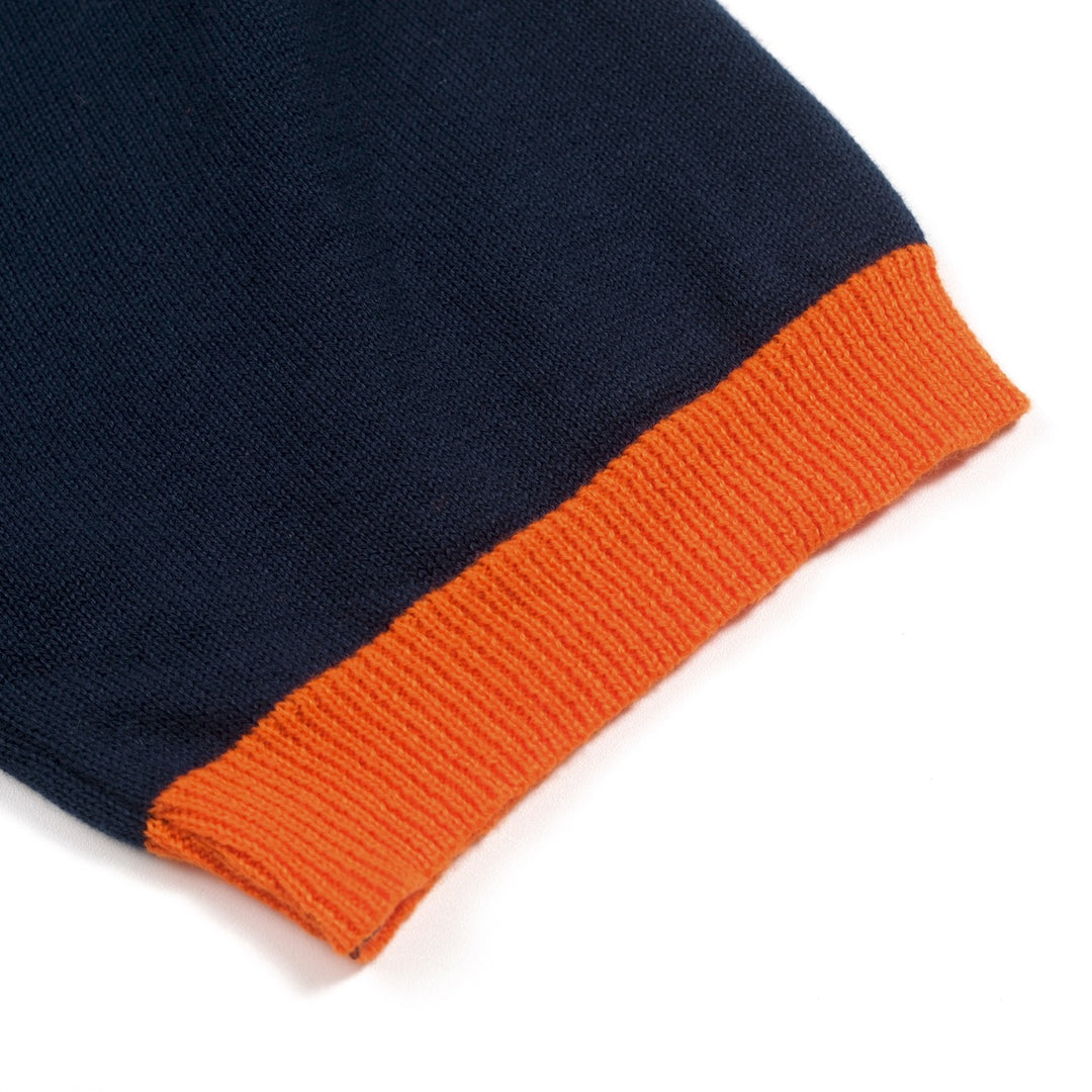 T-shirt en maille jacquard bleu foncé vintage pour femme avec broderie de chat