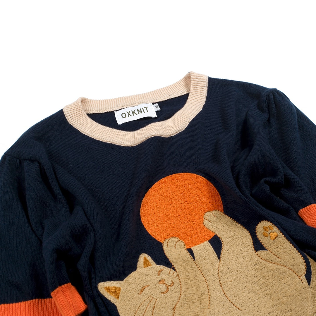 T-shirt en maille jacquard bleu foncé vintage pour femme avec broderie de chat