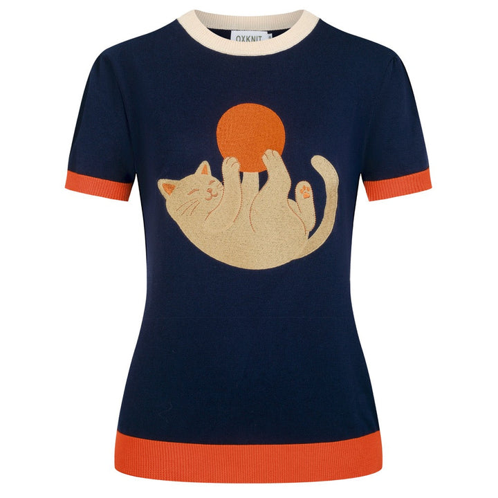 T-shirt en maille jacquard bleu foncé vintage pour femme avec broderie de chat