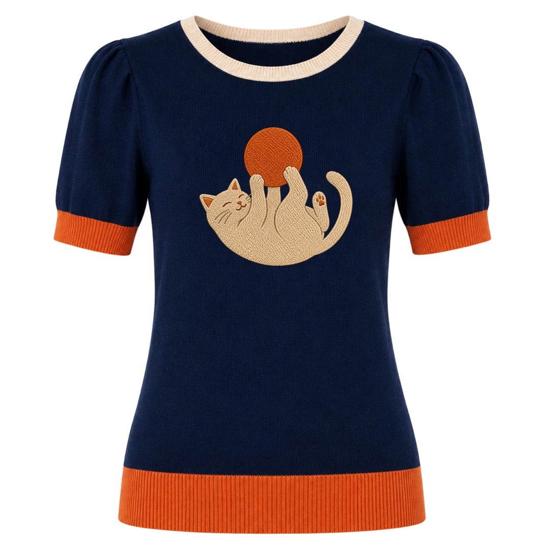Women's Dark Blue Vintage Cat Embroidery Jacquard Knit T-Shirt