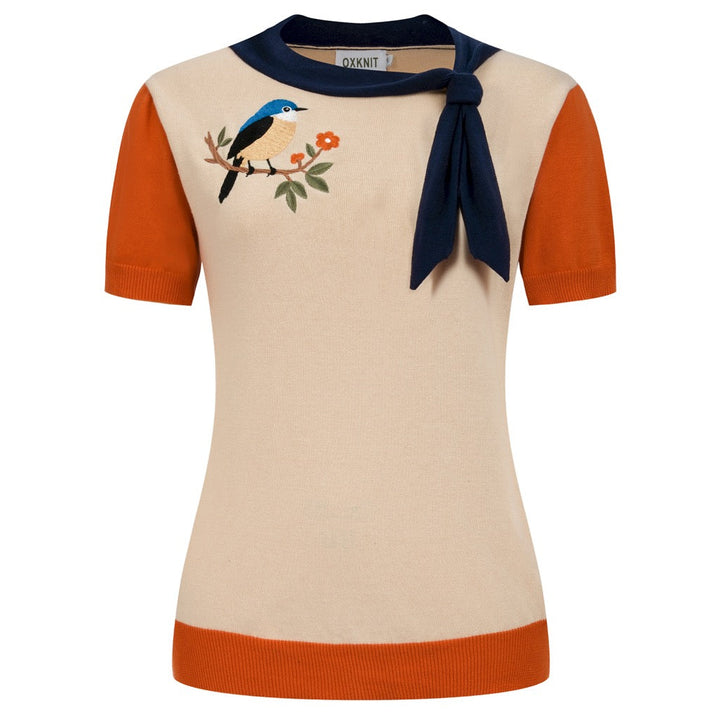 Women's Apricot Vintage Bird Embroidery Polo Knit T-shirt