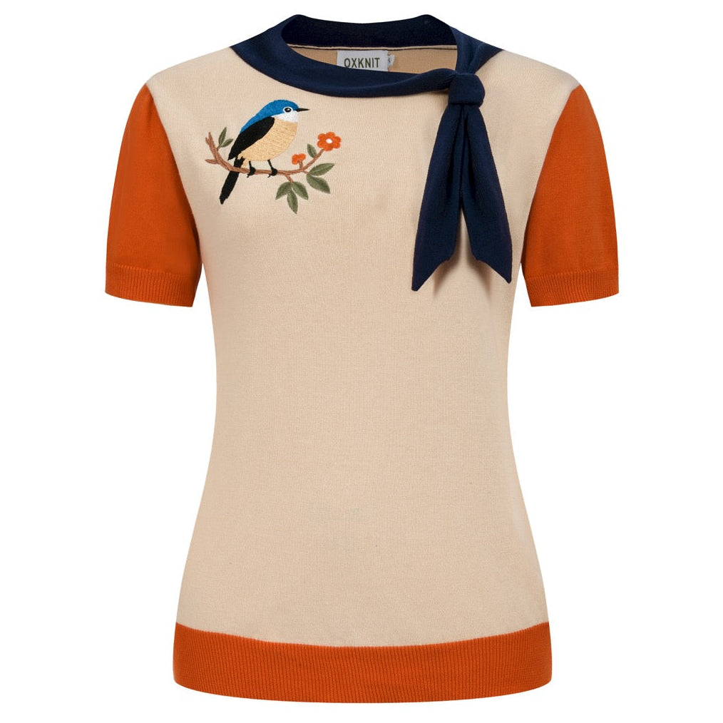Women's Apricot Vintage Bird Embroidery Polo Knit T-shirt