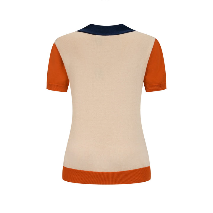 Women's Apricot Vintage Bird Embroidery Polo Knit T-shirt